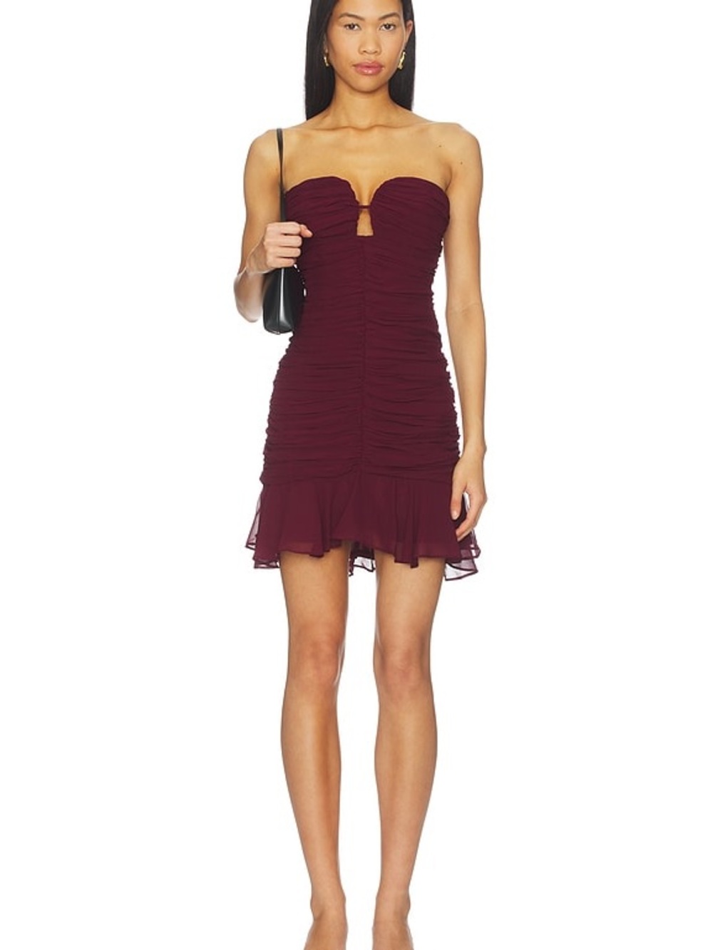 Astr Strapless Ruched Mini Dress in Burgundy